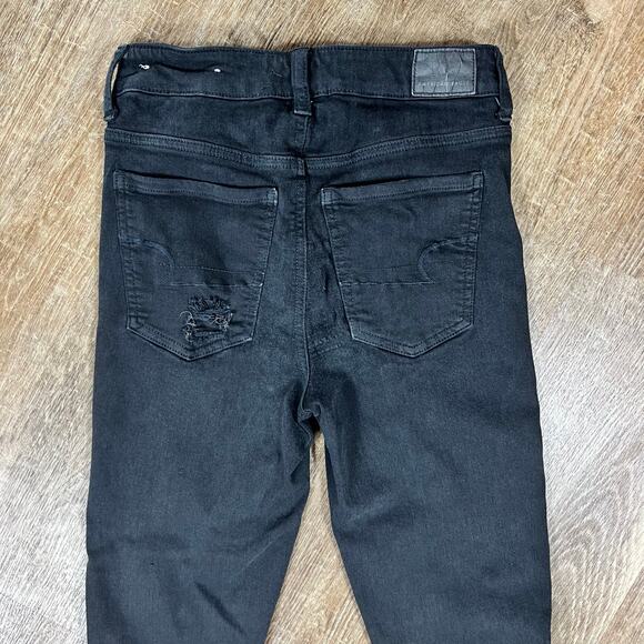 American Eagle Black Distressed Button Fly super hi-rise jegging Jeans - Picture 6 of 8